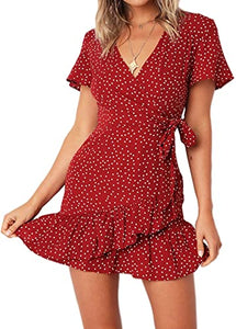 Relipop Summer Women Short Sleeve Print Dress V Neck Casual Short Dresses